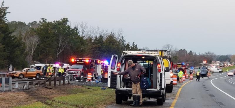 A helicopter lands on Route 1 northbound following a multi-car crash on the bridge near Steamboat Landing Road. JOHN H. PETERSON PHOTO